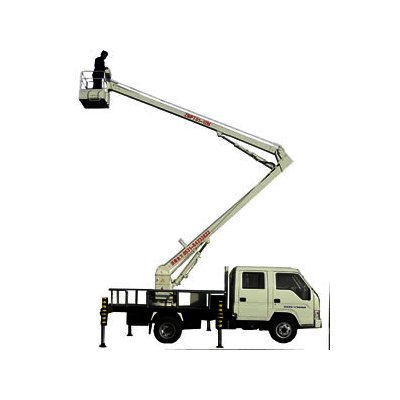 A truck mounted boom lift on a white background