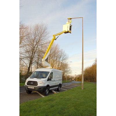 A Operated Van Mount Boom Lift, 12m Platform being used on lamp post.