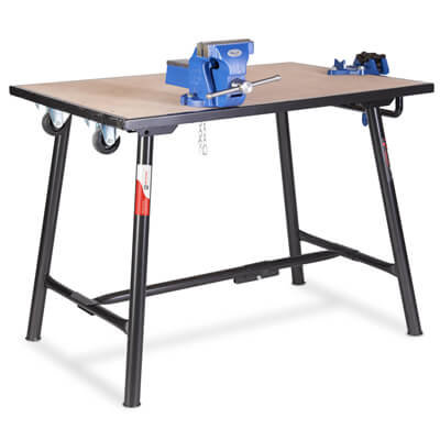 A Wooden Workbench With Vice on a white background.