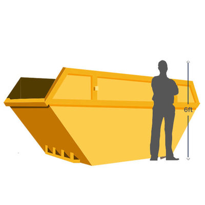Diagram of a person next to a skip for size reference.