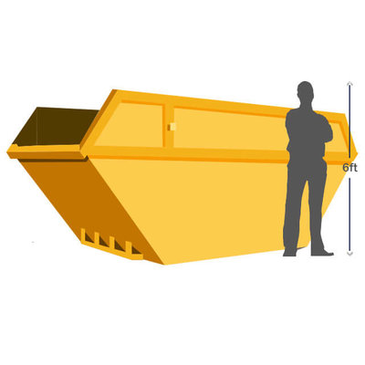 Diagram of a person next to a skip for size reference.