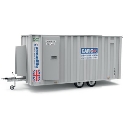 A side shot of an Armadillo XL + Towable Welfare Unit on a white background.