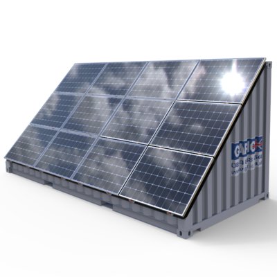 A solar store unit, with the solar panels facing the camera on a white background.